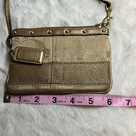 Coach Signature Stripe Studded Gold Metallic Lurex & Leather Wristlet - Picture 8 of 9